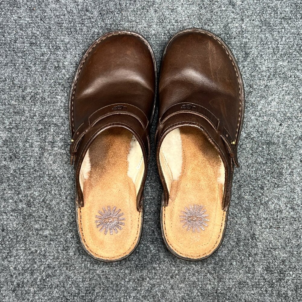 UGG Livia Mules Women's 10 Brown Leather Slip On‎ Shearling Lined Shoes Loafers - Picture 6 of 10